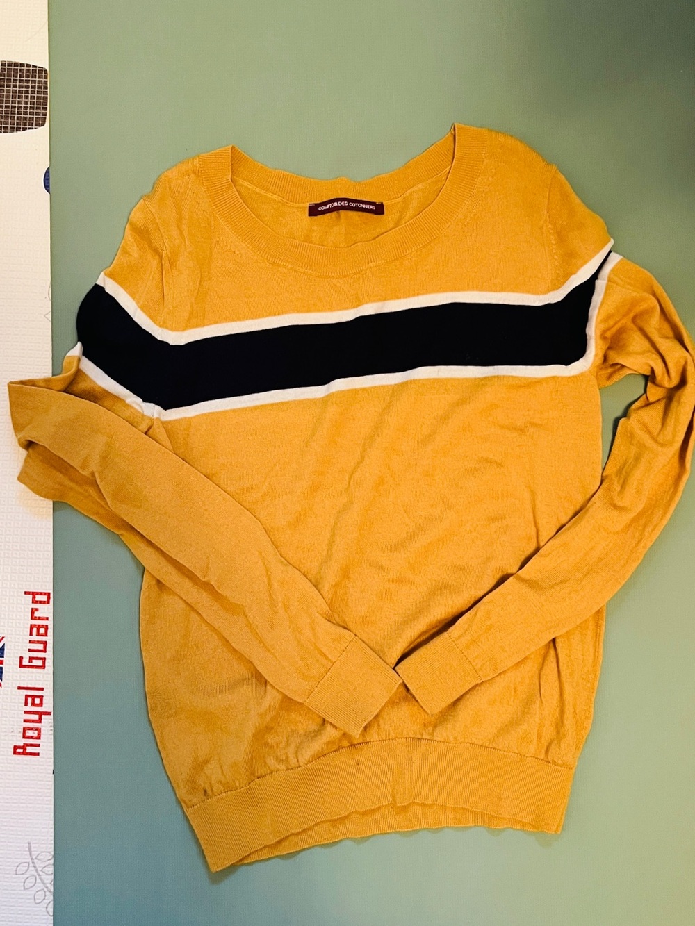 French Connection Mustard Yellow Crewneck Sweater with Black & White Stripe